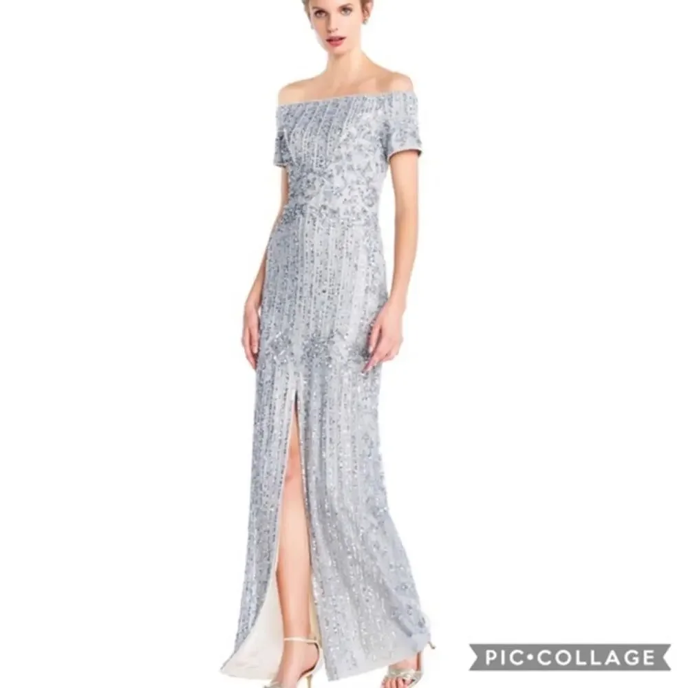 Adrianna Papell Blue Silver Long Formal Gown Dress 12 New Nwt - Picture 1 of 15